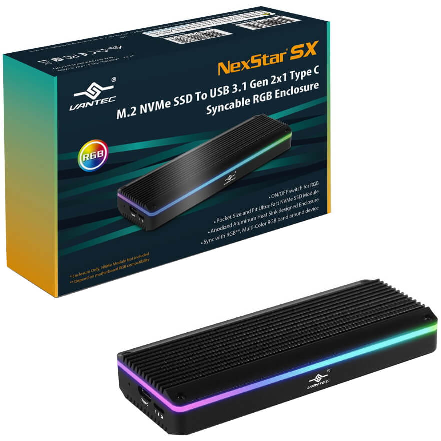 Vantec M.2 NVME & M.2 SATA SSD to USB 3.1 Gen 2 Type C with RGB LED ...